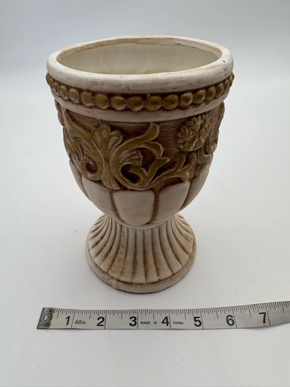 Vintage Grecian Style Cream and Golden Brown Ceramic Pedestal Vase or Planter